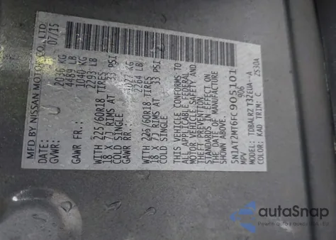 2015 Nissan Rogue Sl из США, поврежденный, VIN 5N1AT2MT6FC905101